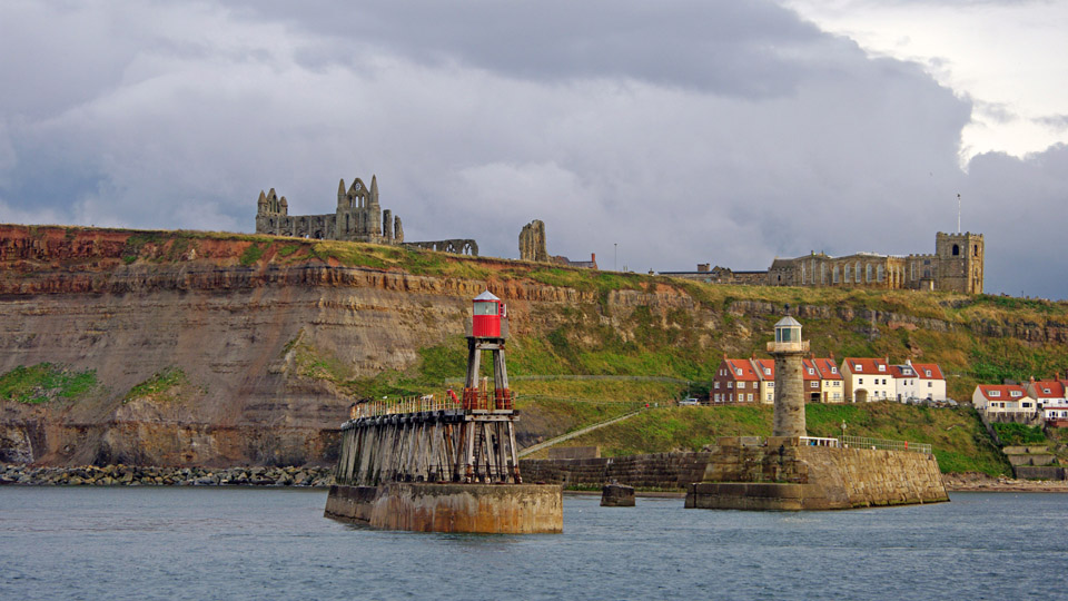 Harbour entrance and ruins of Whitby Abbey